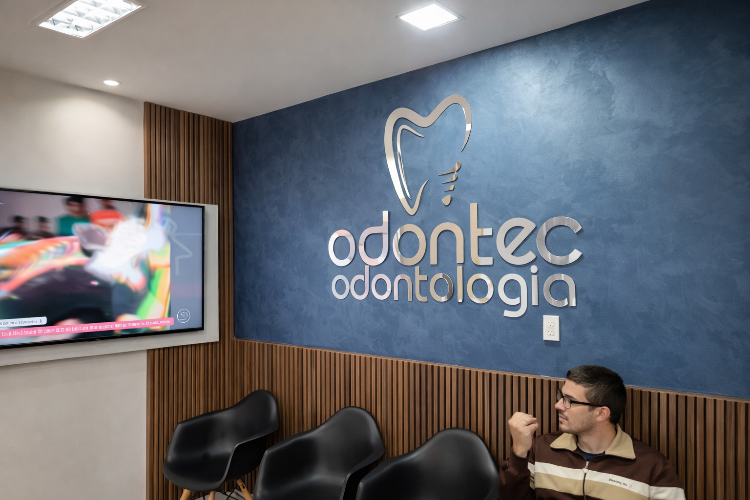 Sala de espera com logo cromado